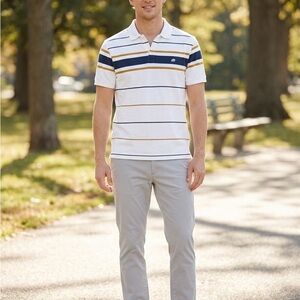 Banana Republic Heritage Elephant Polo Shirt Mens Medium White/Navy/Gold Stripe